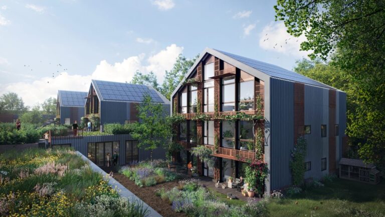 Rendering of wood and metal houses surrounded by flourishing gardens